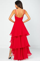 Rotes Gestuftes Ballkleid aus Chiffon mit Spaghettiträgern und Rüschen